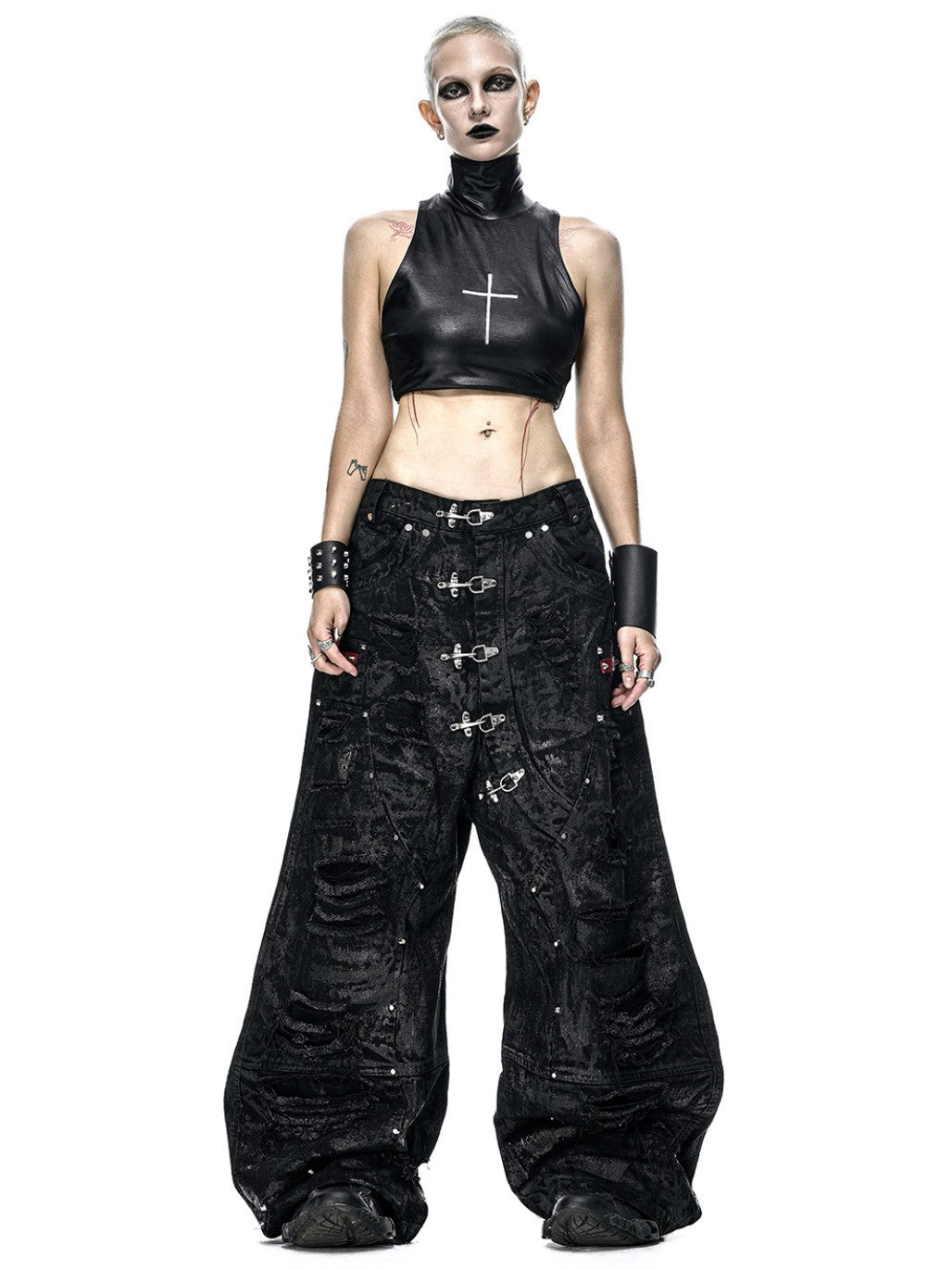 【RICH】BLACK WAXED RIPPED WIDE PANTS