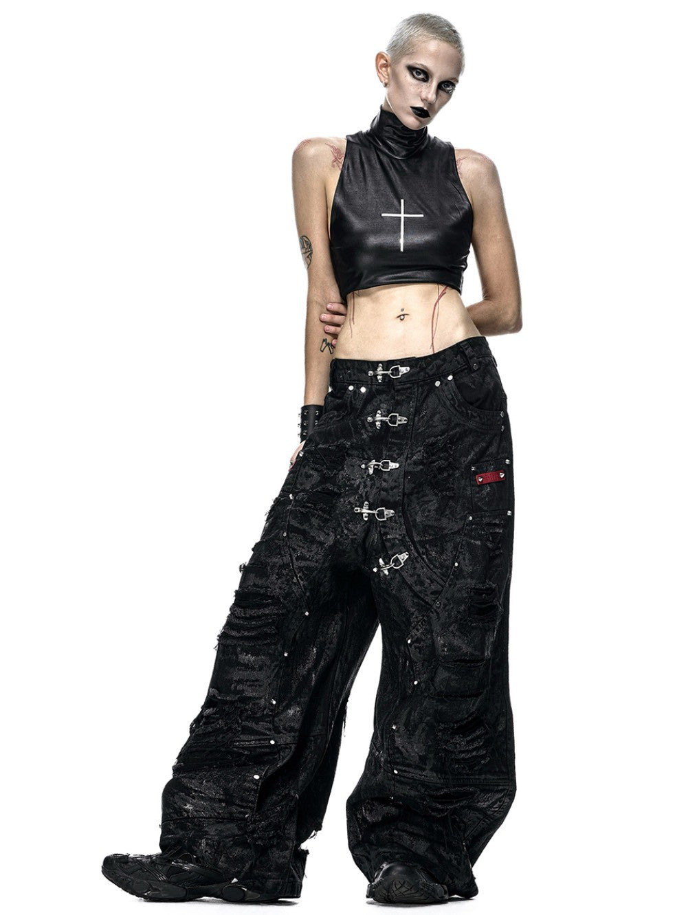 【RICH】BLACK WAXED RIPPED WIDE PANTS
