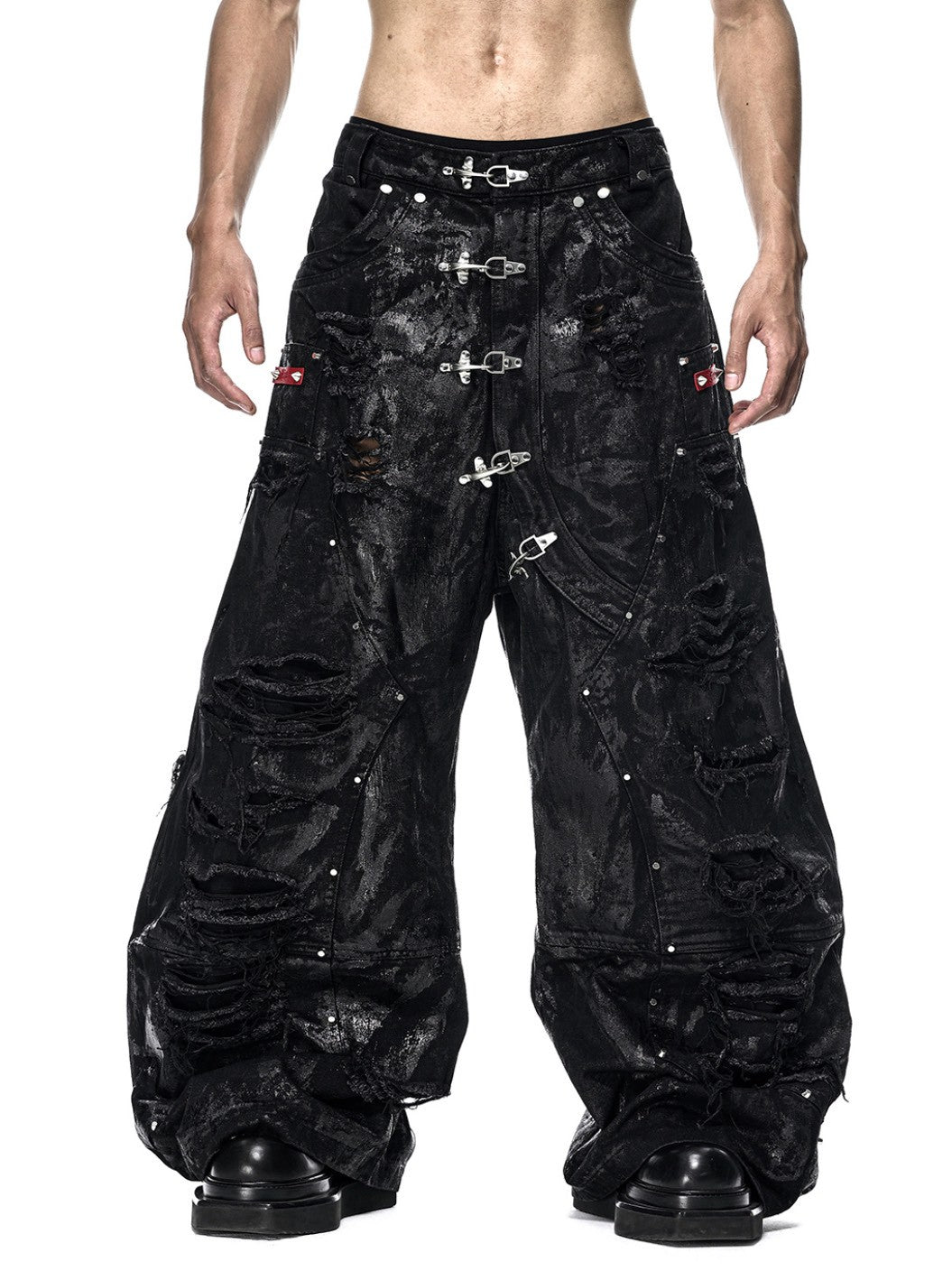 【RICH】BLACK WAXED RIPPED WIDE PANTS