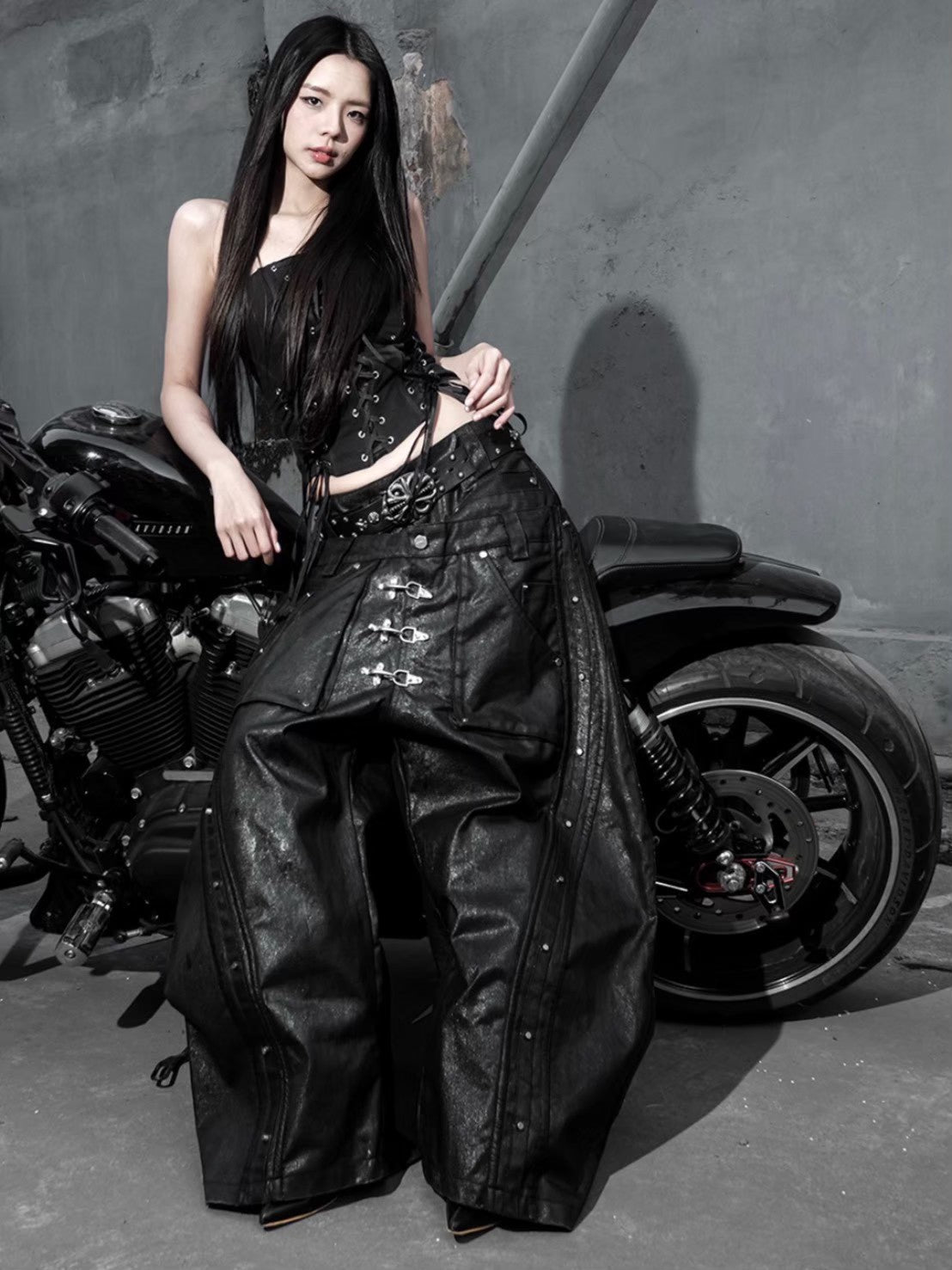 【RICH】Mock Double Waist Wide Leg Pants