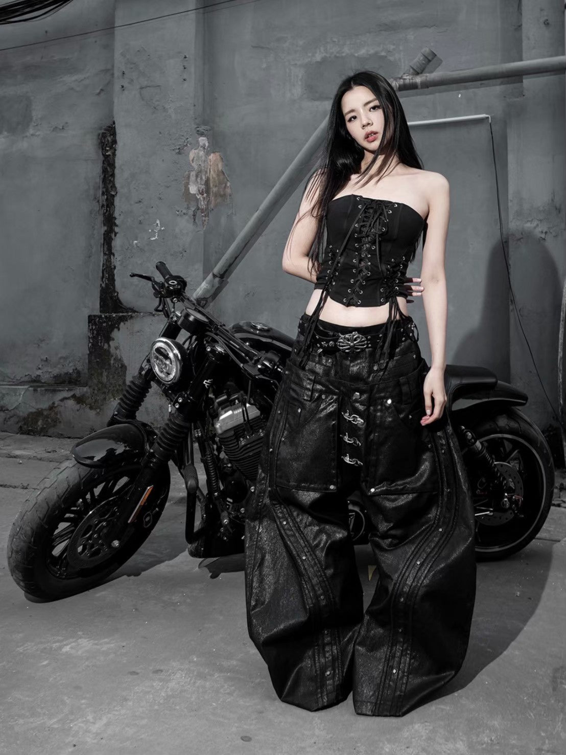 【RICH】Mock Double Waist Wide Leg Pants