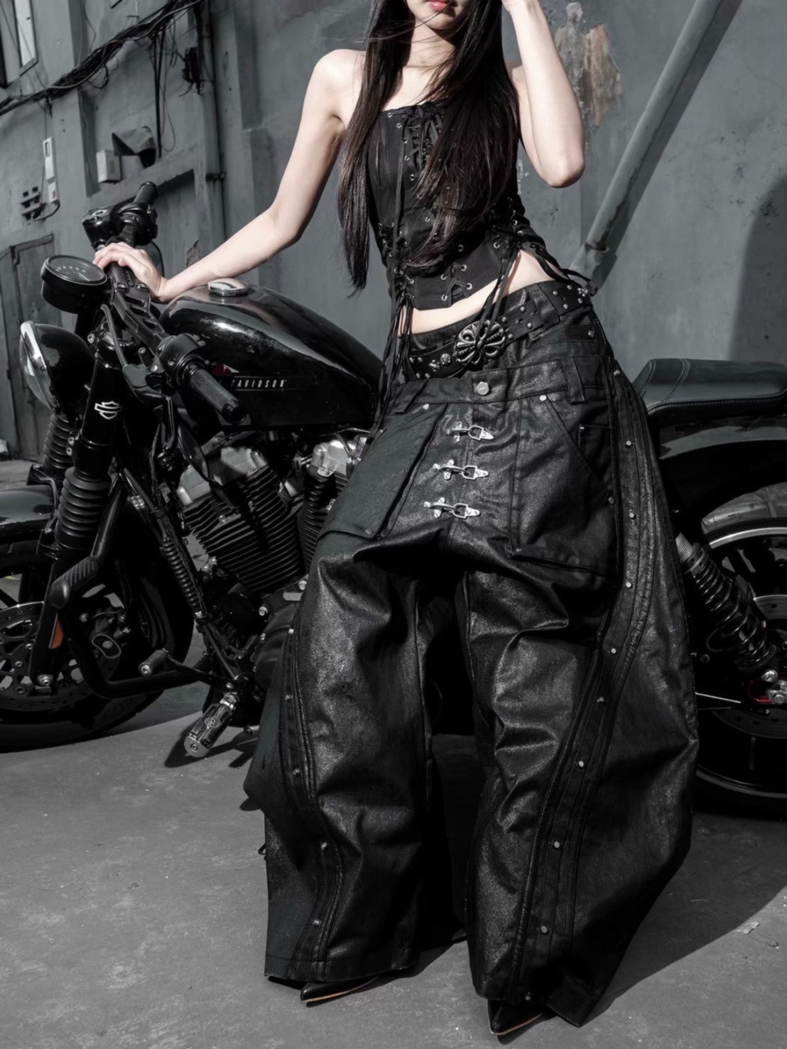 【RICH】Mock Double Waist Wide Leg Pants