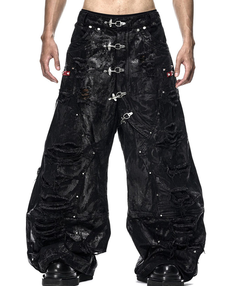 【RICH】BLACK WAXED RIPPED WIDE PANTS