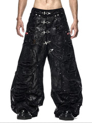 【RICH】BLACK WAXED RIPPED WIDE PANTS
