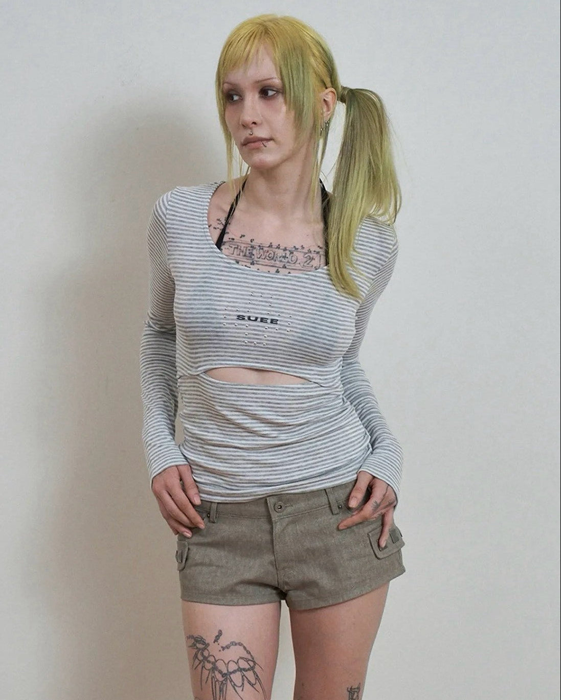 【SETUP-EXE】STRIPED U-NECK SLIT TEE