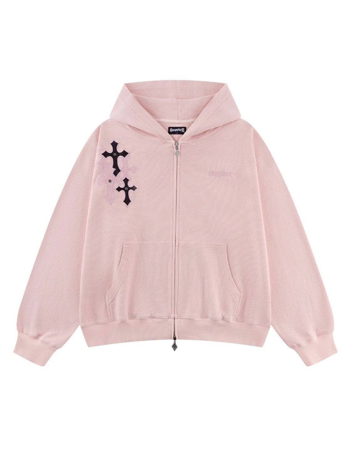 【SUPPLIER】Multiple Cross Leather Patch Thermal Zip Hoodie