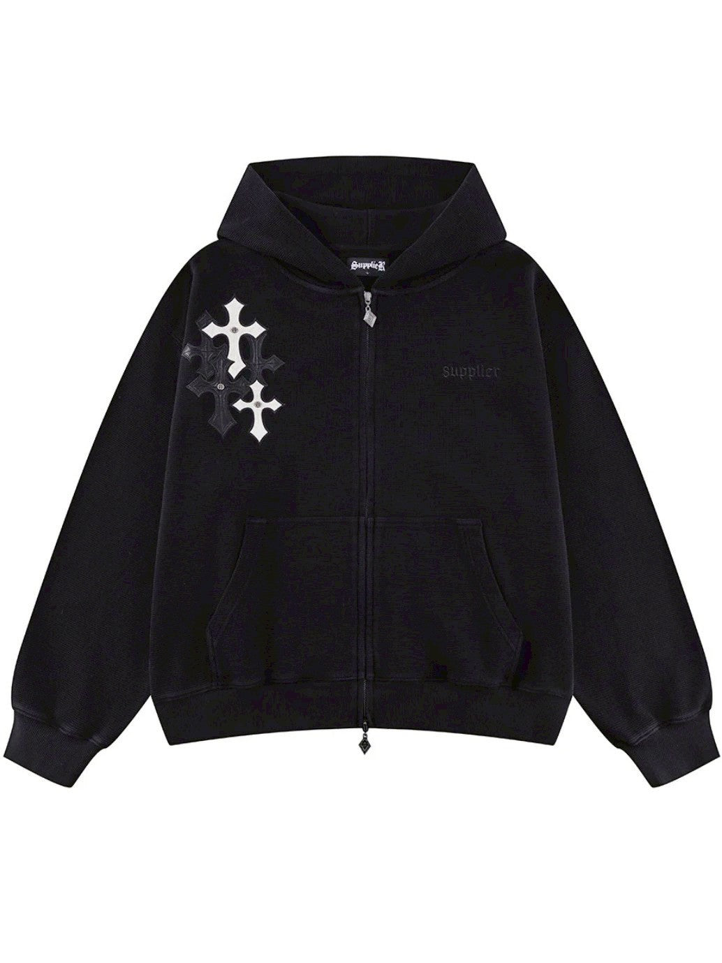 【SUPPLIER】Multiple Cross Leather Patch Thermal Zip Hoodie
