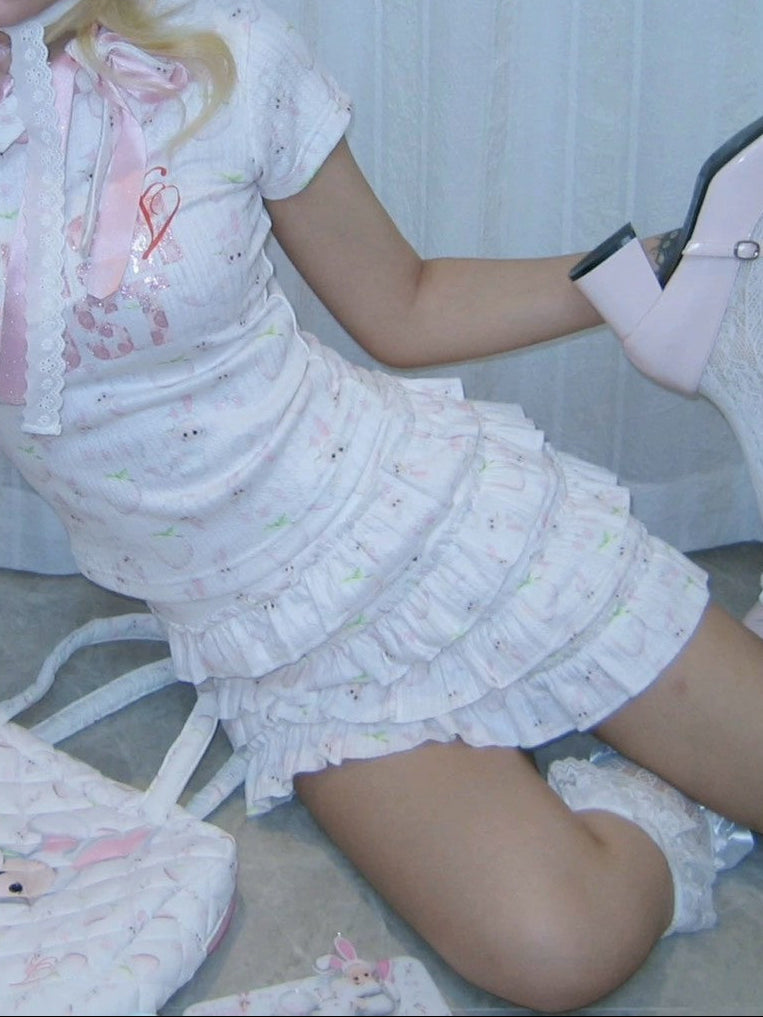 【SelfishGhost】Rabbit print stretch fit bodysuit skirt