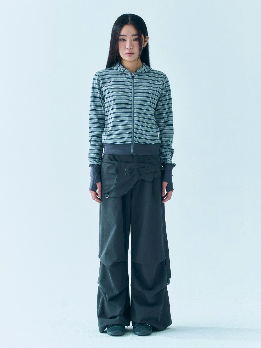 【TUOMIO】BUTTON STRIPE HOOD ZIP-UP