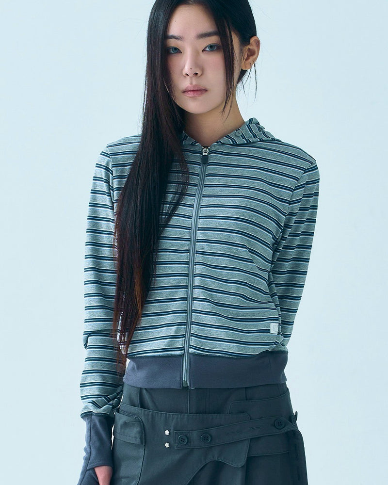 【TUOMIO】BUTTON STRIPE HOOD ZIP-UP