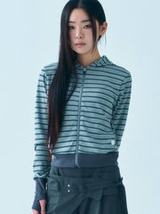 【TUOMIO】BUTTON STRIPE HOOD ZIP-UP