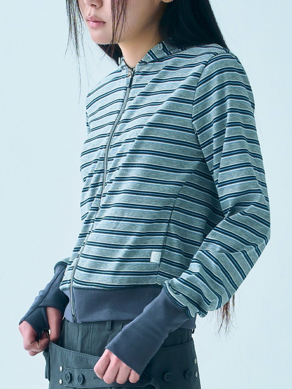 【TUOMIO】BUTTON STRIPE HOOD ZIP-UP