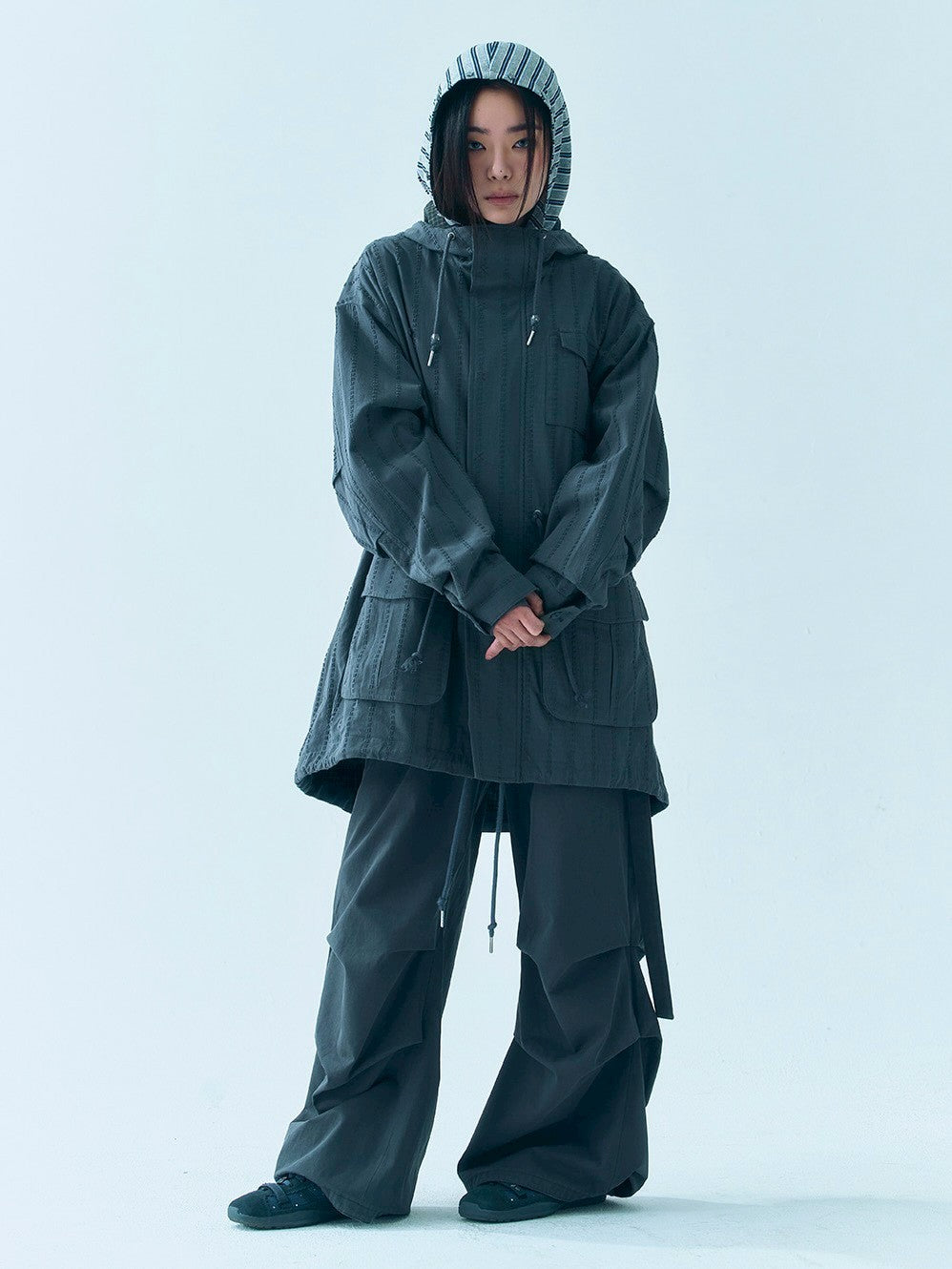 【TUOMIO】BUTTON STRIPE HOOD ZIP-UP