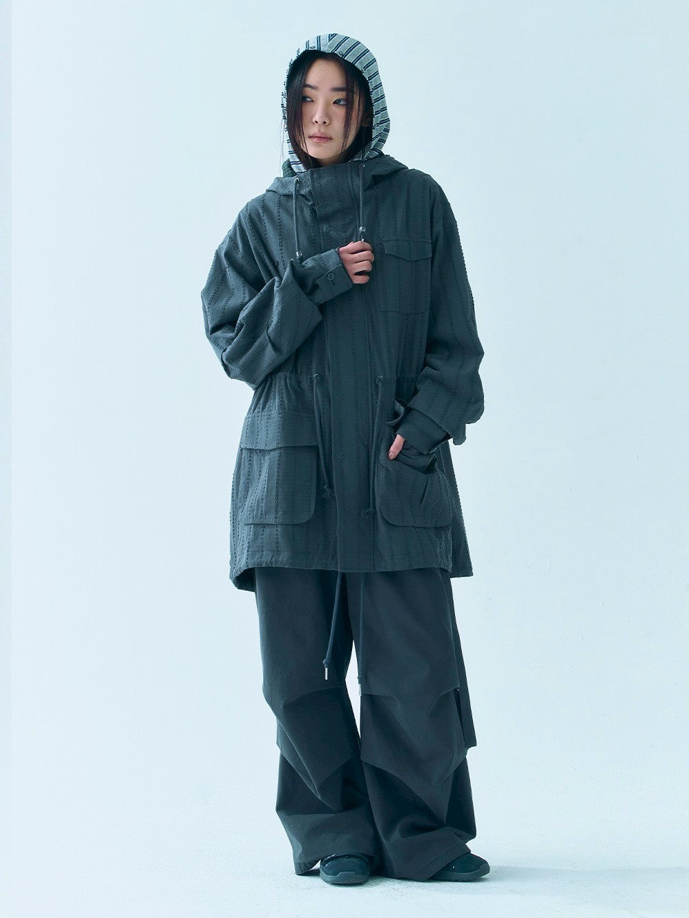 【TUOMIO】BUTTON STRIPE HOOD ZIP-UP