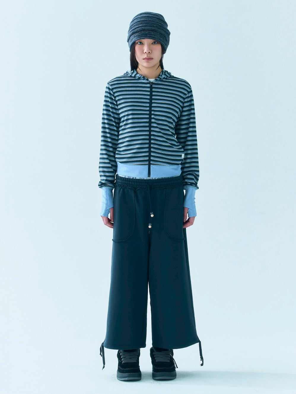 【TUOMIO】BUTTON STRIPE HOOD ZIP-UP