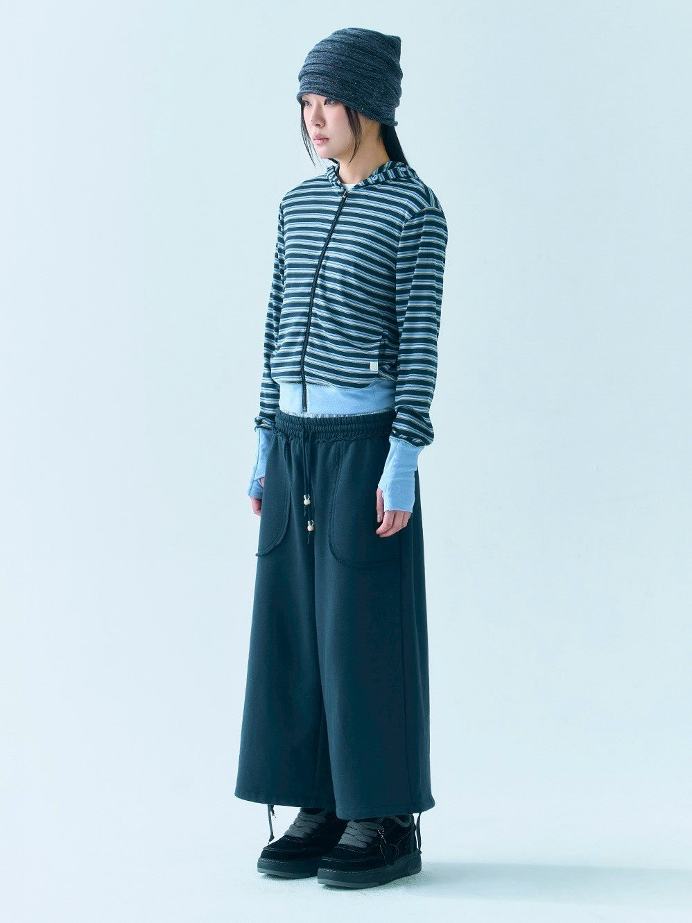 【TUOMIO】BUTTON STRIPE HOOD ZIP-UP