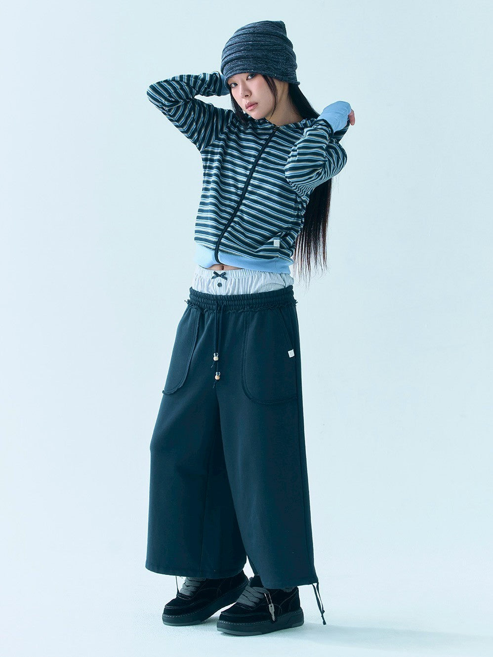 【TUOMIO】BUTTON STRIPE HOOD ZIP-UP