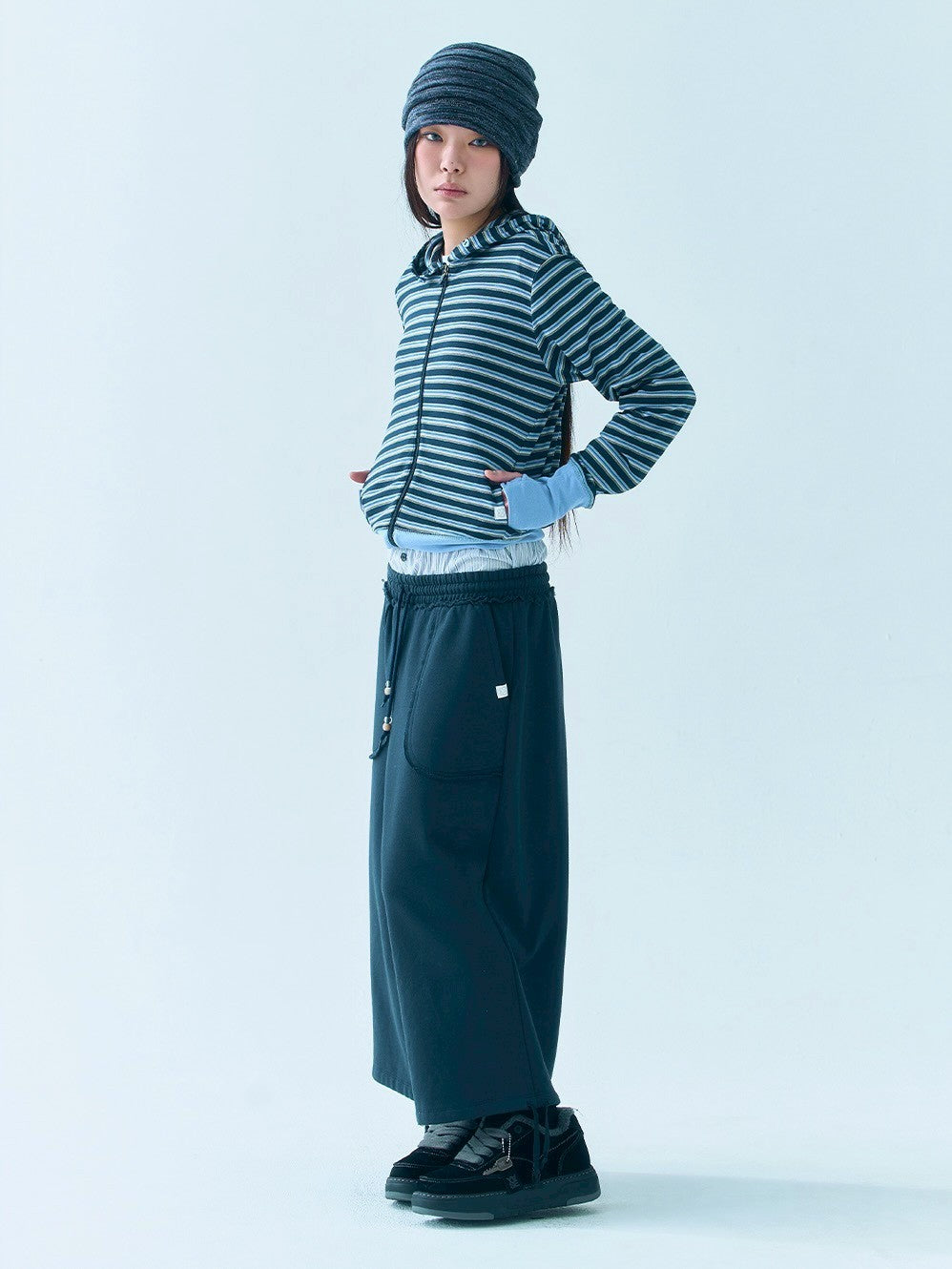 【TUOMIO】BUTTON STRIPE HOOD ZIP-UP