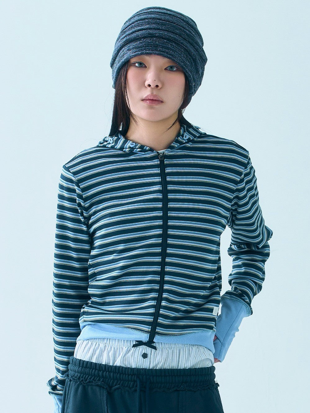 【TUOMIO】BUTTON STRIPE HOOD ZIP-UP