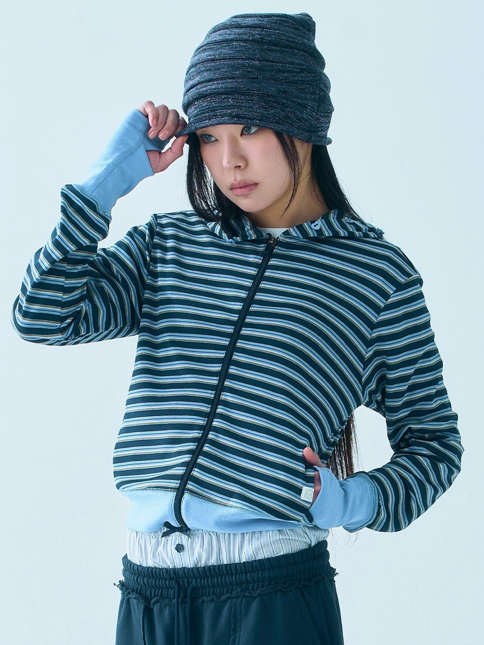 【TUOMIO】BUTTON STRIPE HOOD ZIP-UP