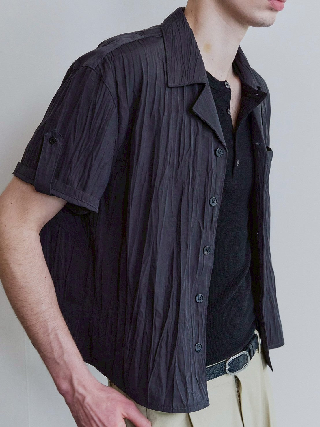 【Waviness】Creased Open Collar Half Shirt