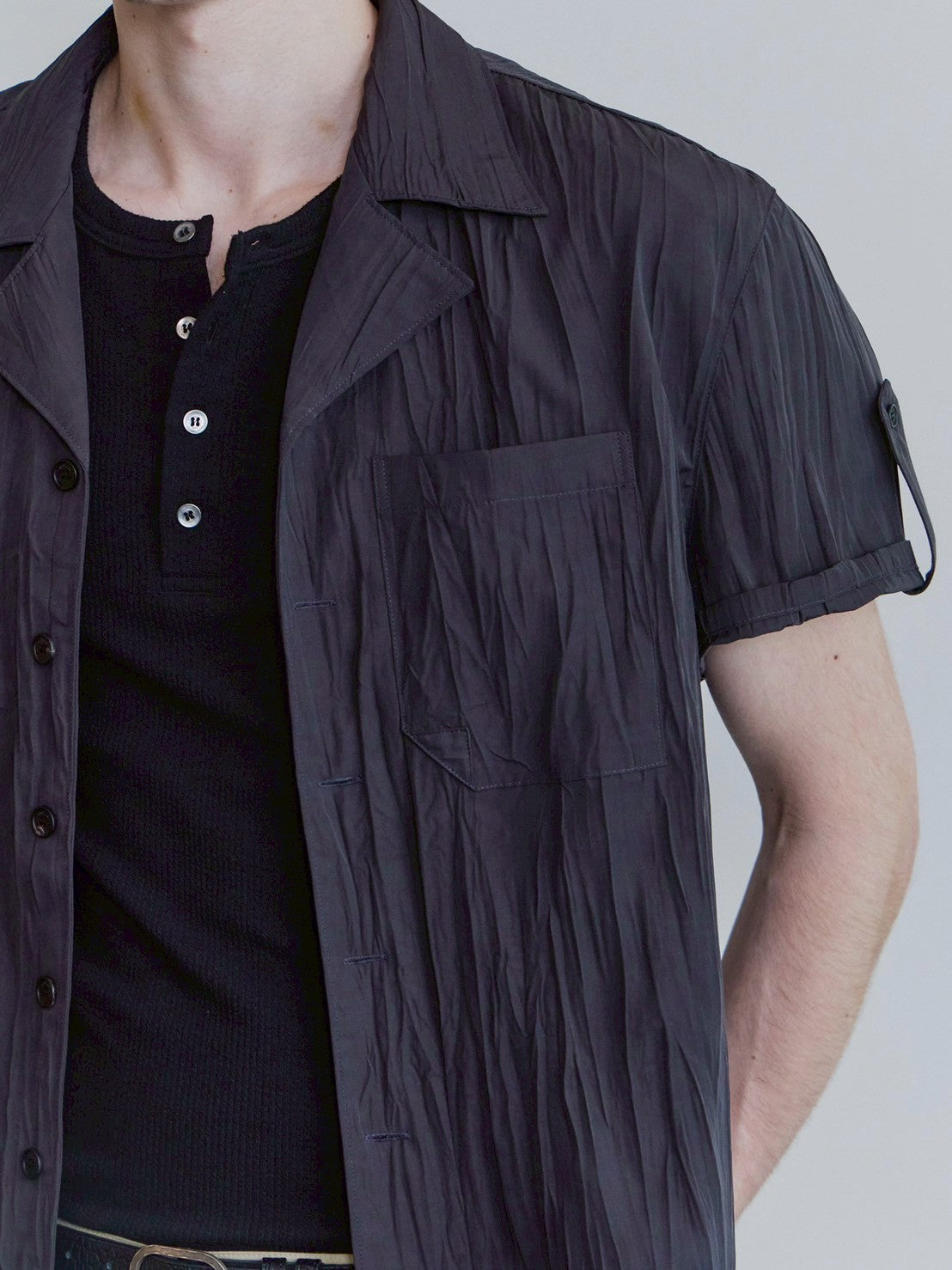 【Waviness】Creased Open Collar Half Shirt