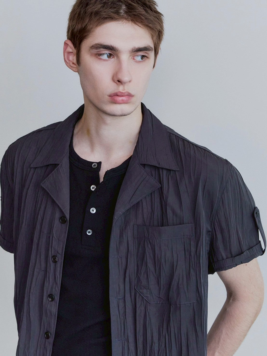 【Waviness】Creased Open Collar Half Shirt