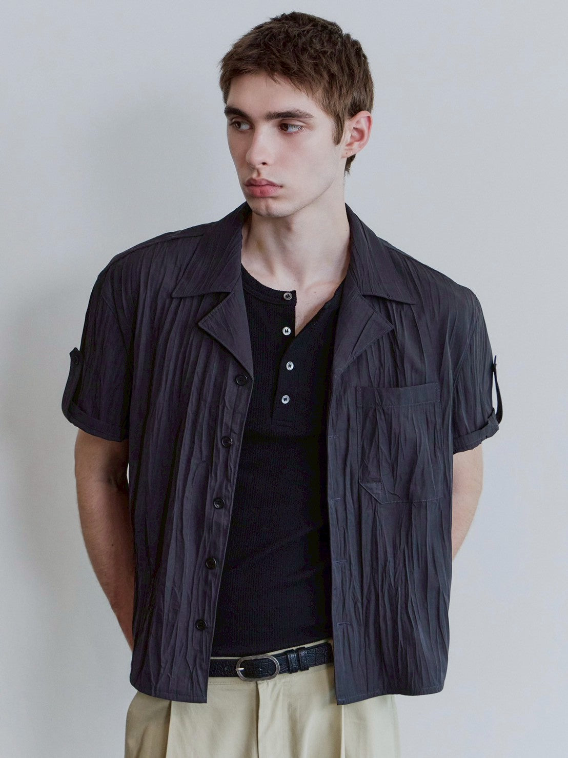 【Waviness】Creased Open Collar Half Shirt