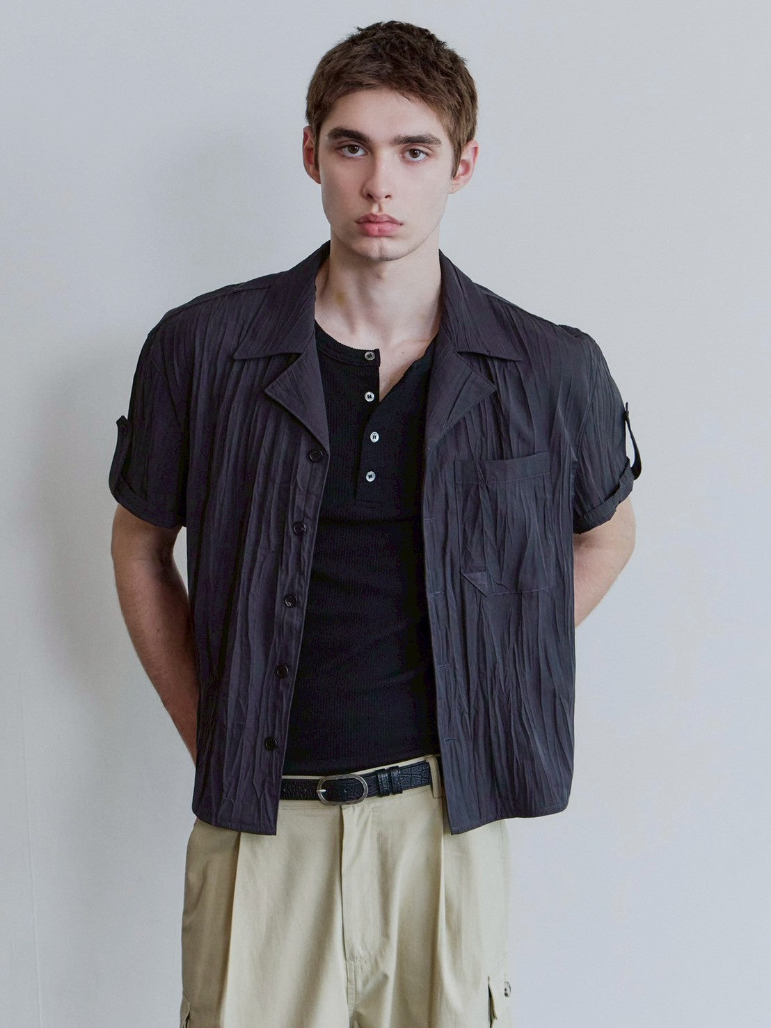 【Waviness】Creased Open Collar Half Shirt