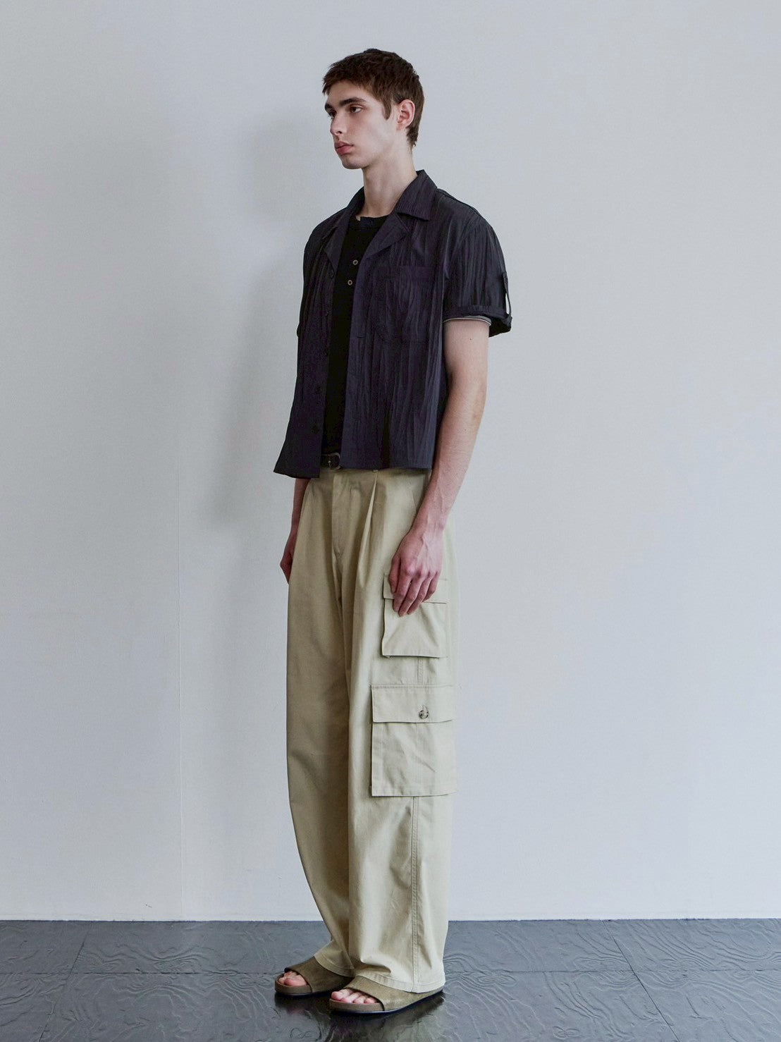 【Waviness】Creased Open Collar Half Shirt