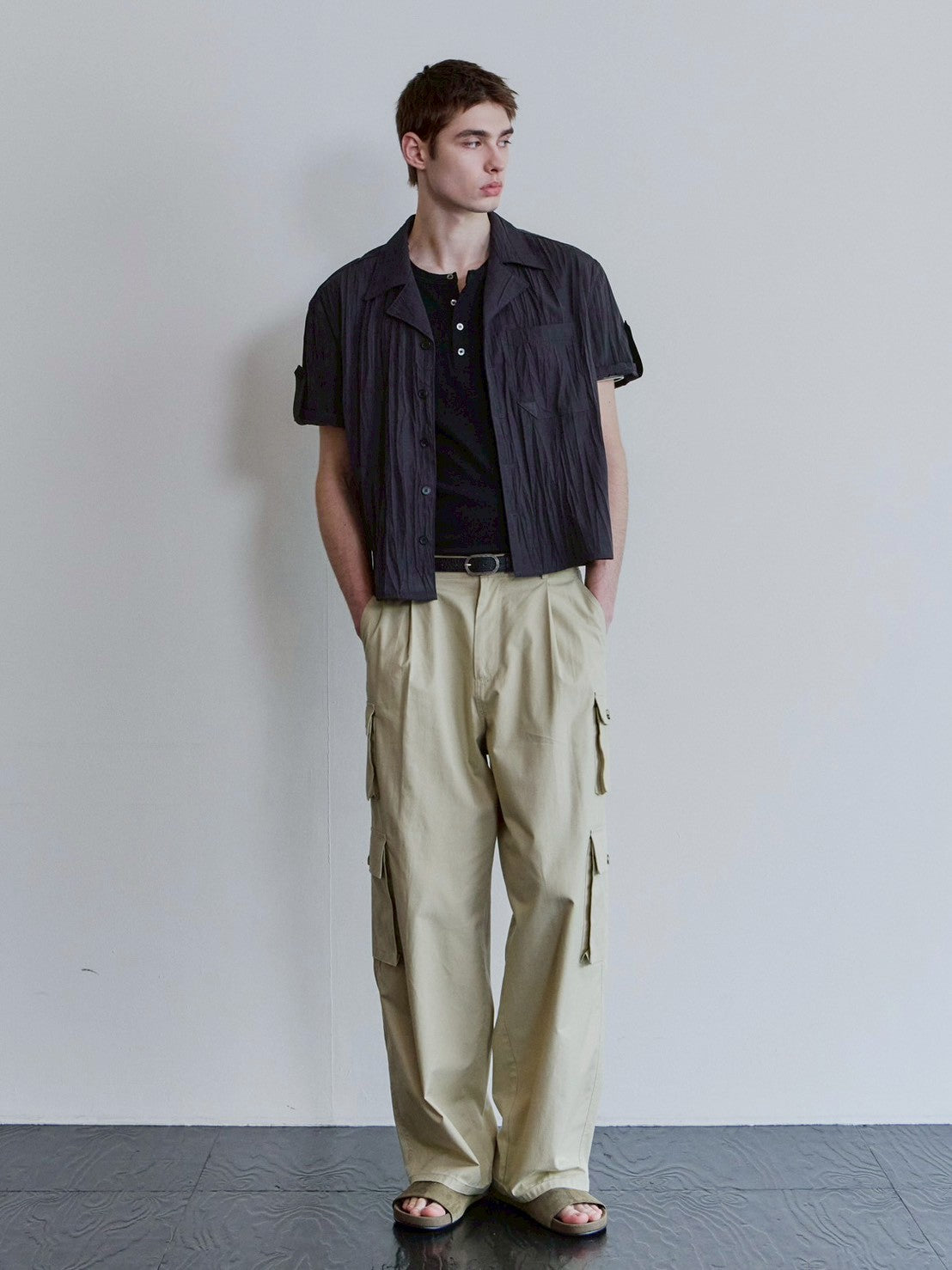 【Waviness】Creased Open Collar Half Shirt