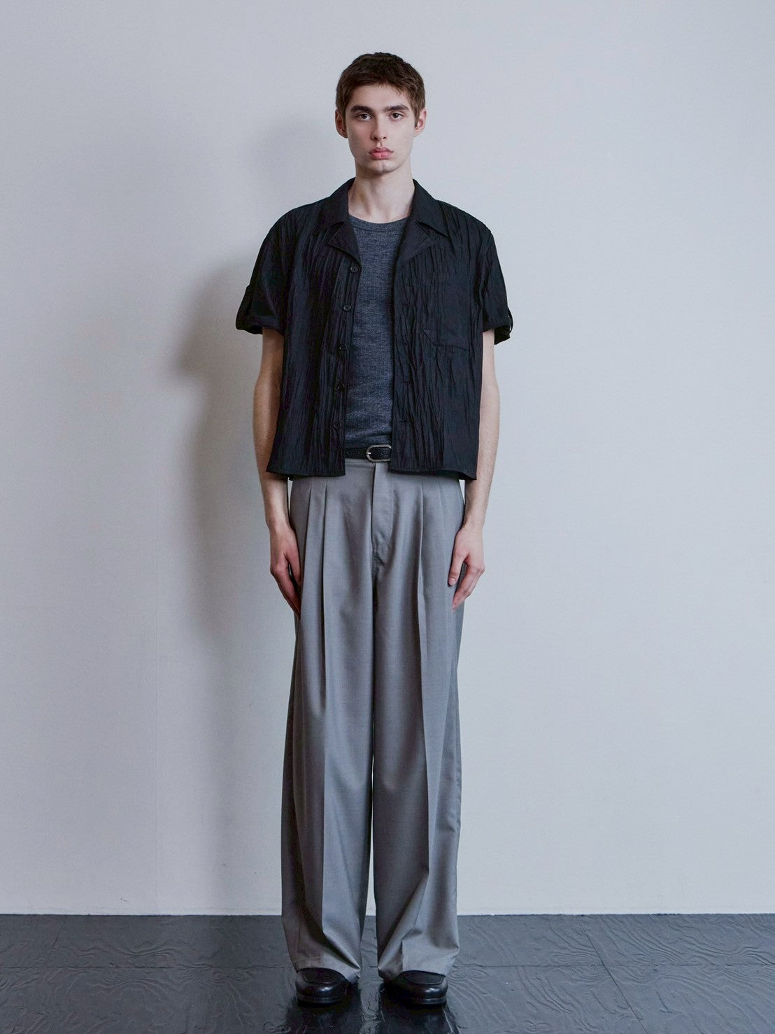 【Waviness】Creased Open Collar Half Shirt