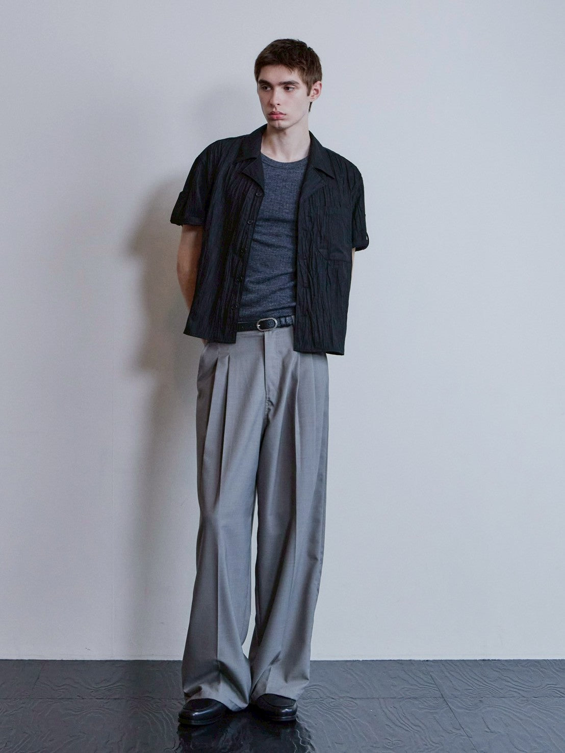 【Waviness】Creased Open Collar Half Shirt