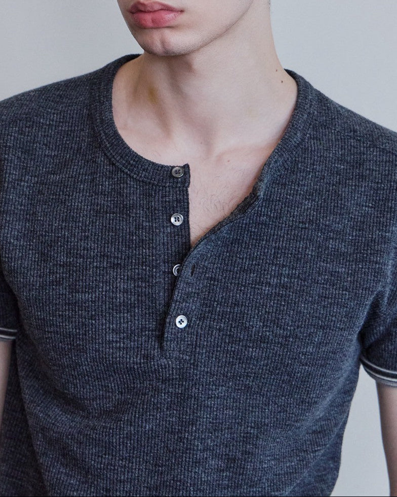 【Waviness】Ribbed Layered Henley-neck T-shirts