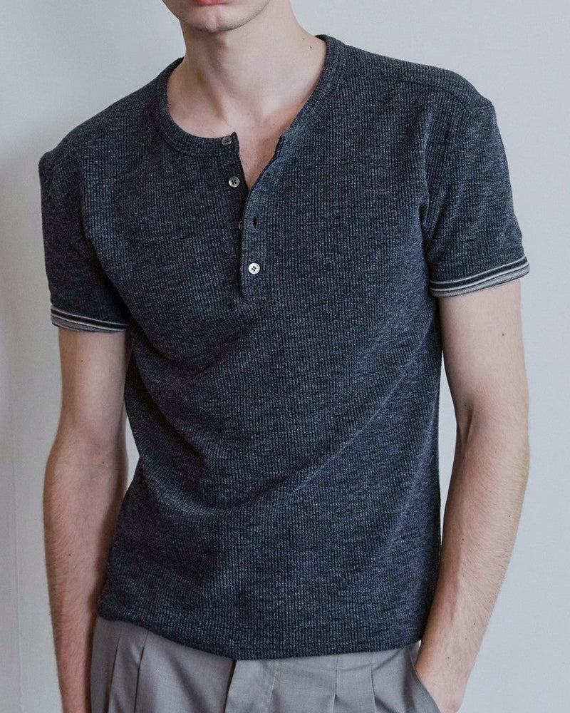 【Waviness】Ribbed Layered Henley-neck T-shirts