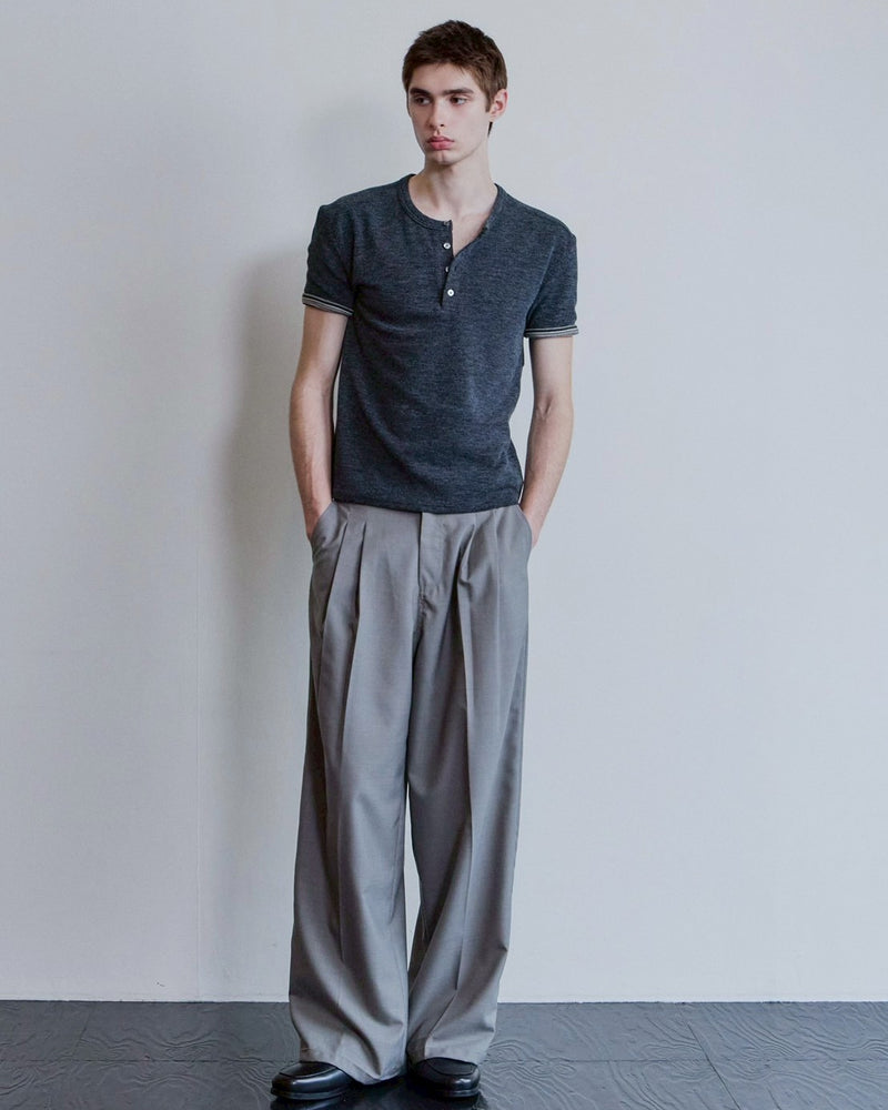 【Waviness】Ribbed Layered Henley-neck T-shirts