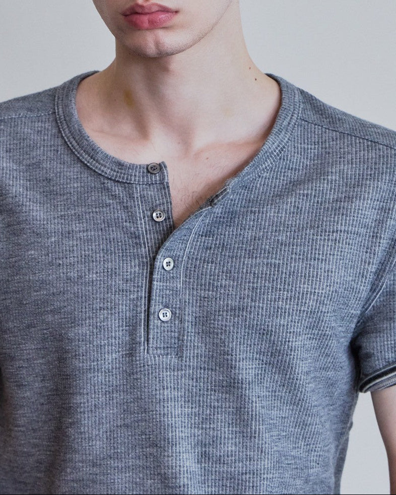 【Waviness】Ribbed Layered Henley-neck T-shirts