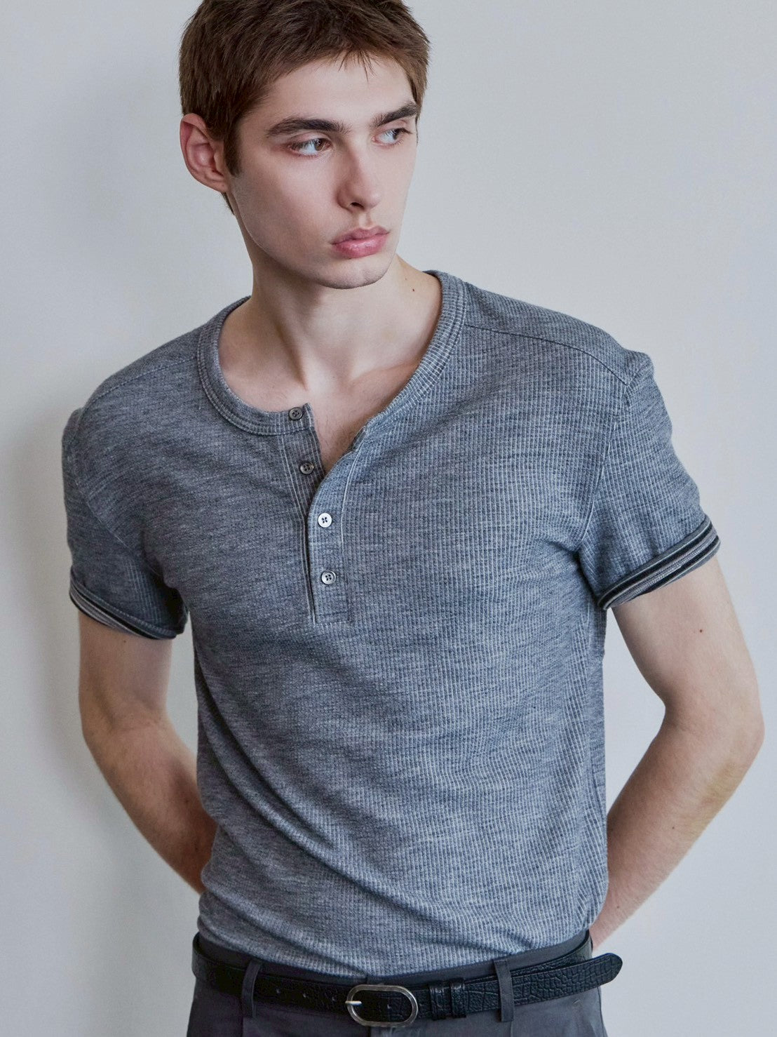 【Waviness】Ribbed Layered Henley-neck T-shirts