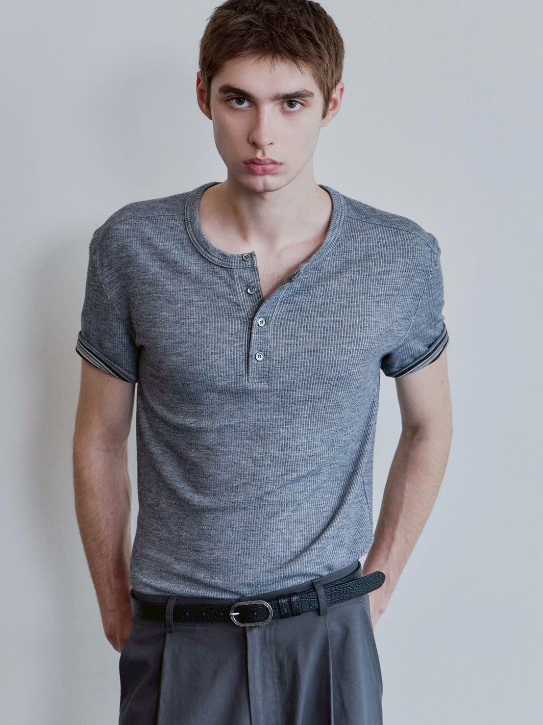【Waviness】Ribbed Layered Henley-neck T-shirts
