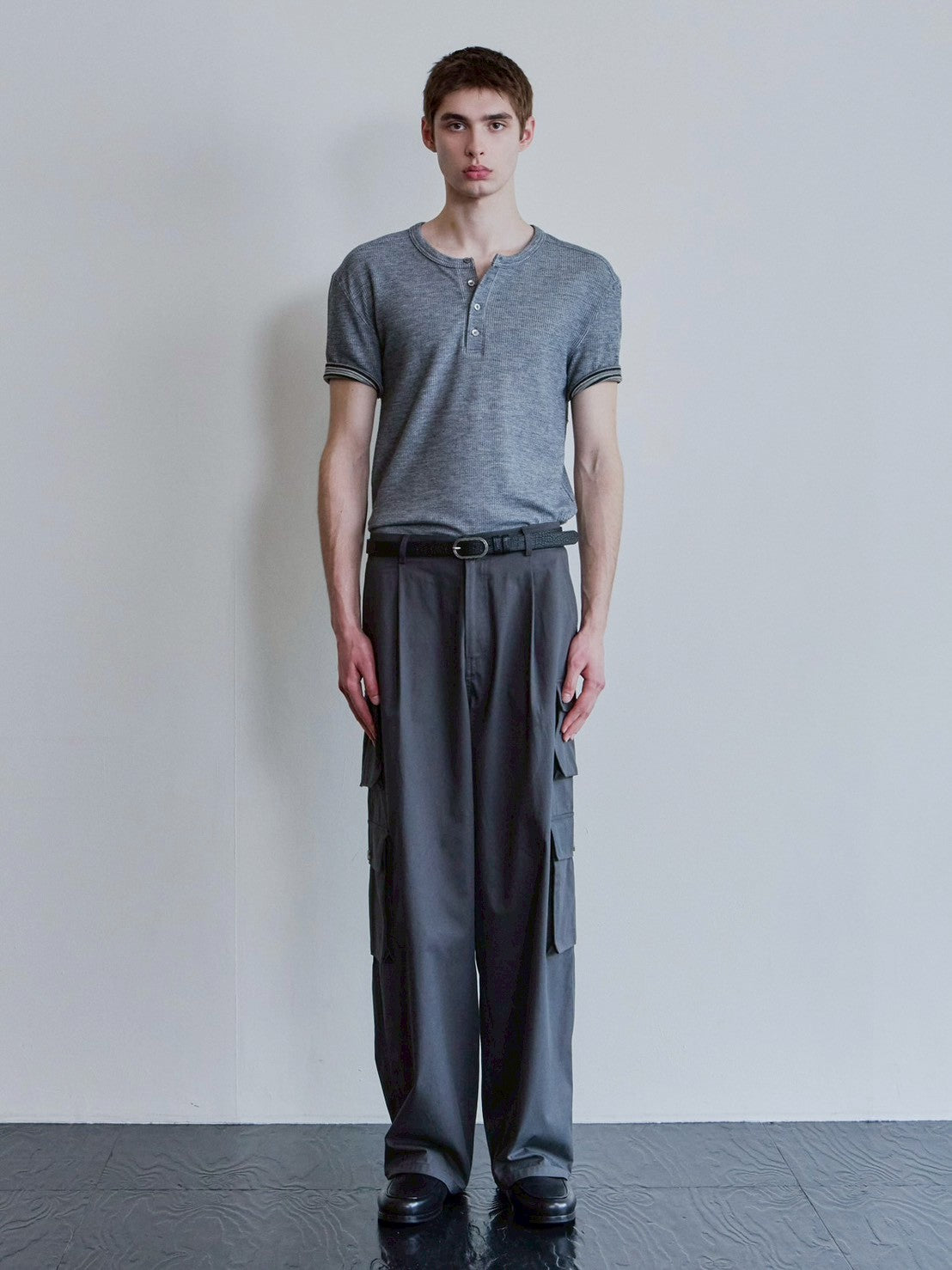 【Waviness】Ribbed Layered Henley-neck T-shirts
