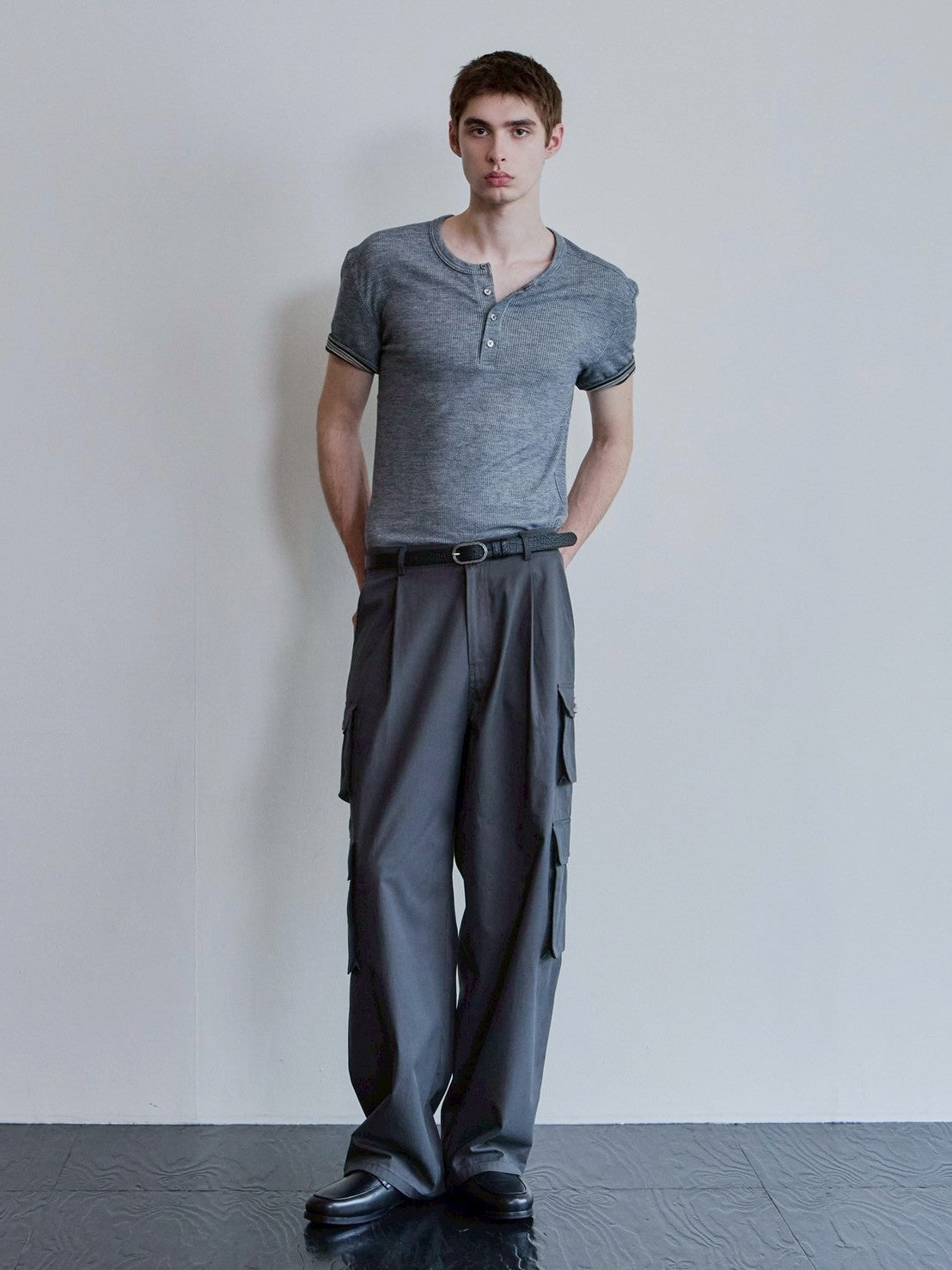 【Waviness】Ribbed Layered Henley-neck T-shirts