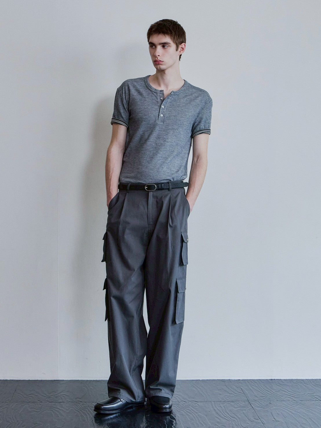 【Waviness】Ribbed Layered Henley-neck T-shirts