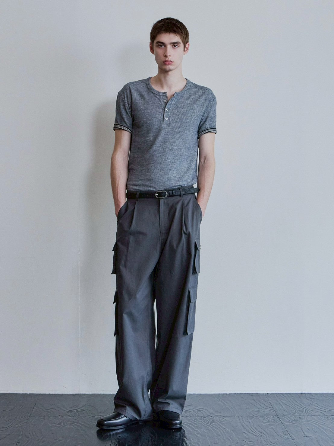 【Waviness】Ribbed Layered Henley-neck T-shirts