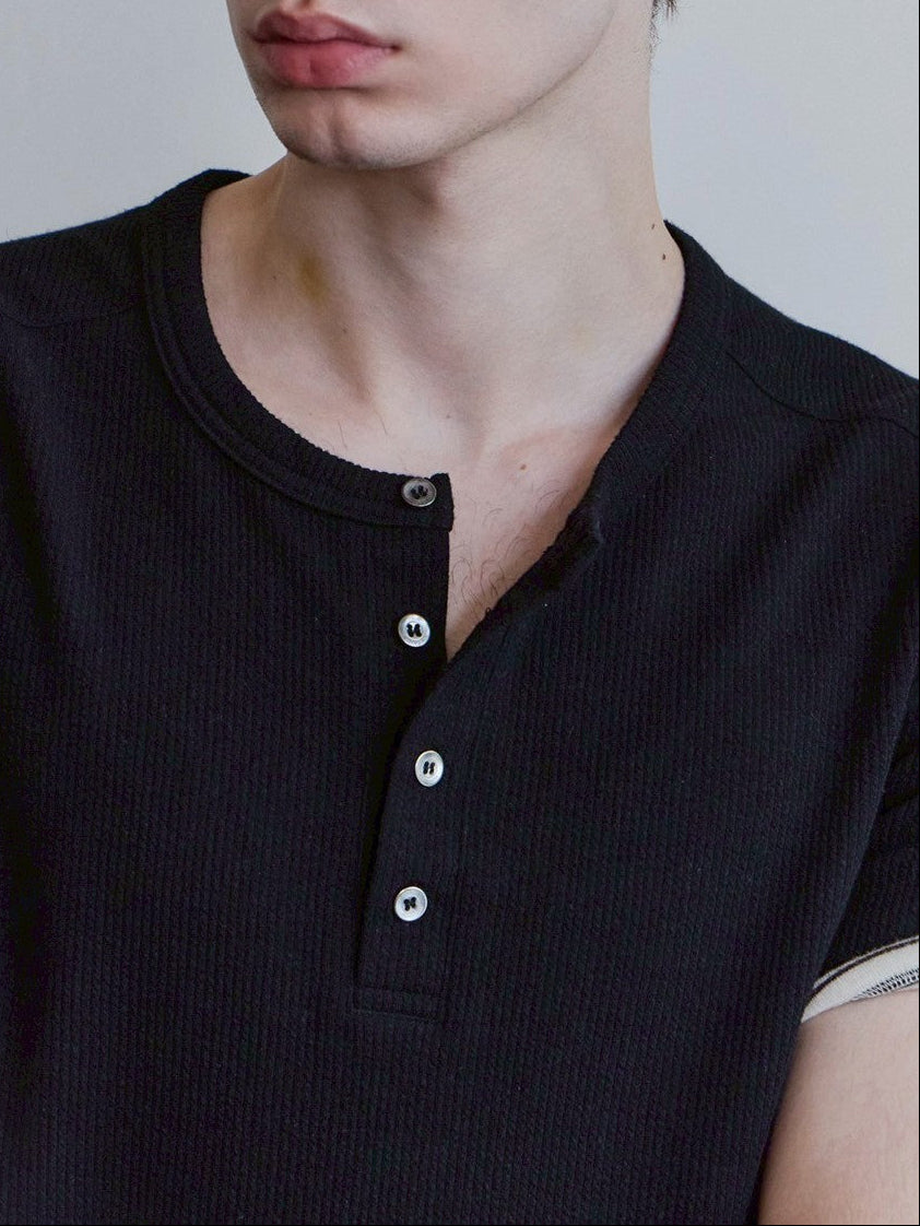 【Waviness】Ribbed Layered Henley-neck T-shirts