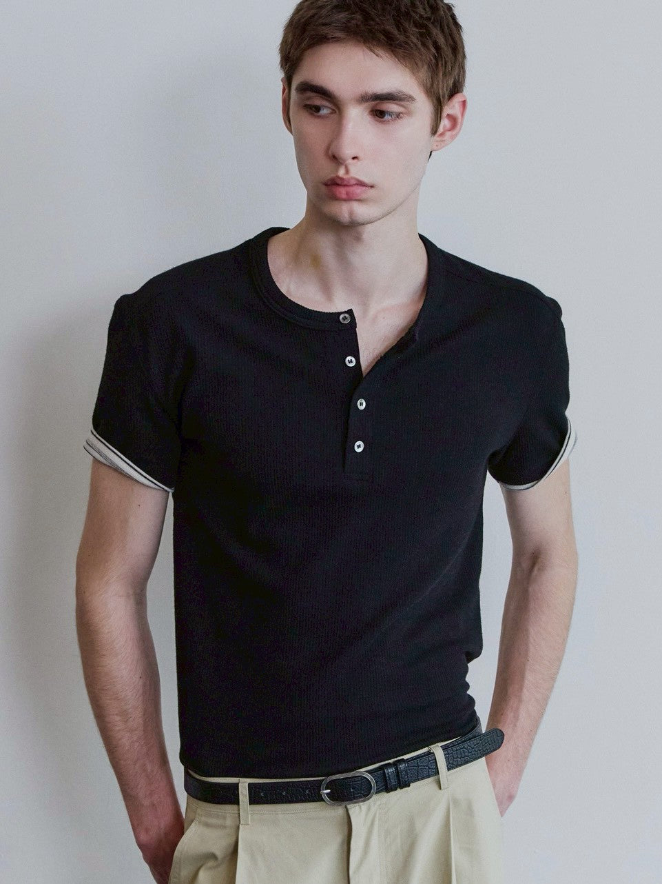【Waviness】Ribbed Layered Henley-neck T-shirts