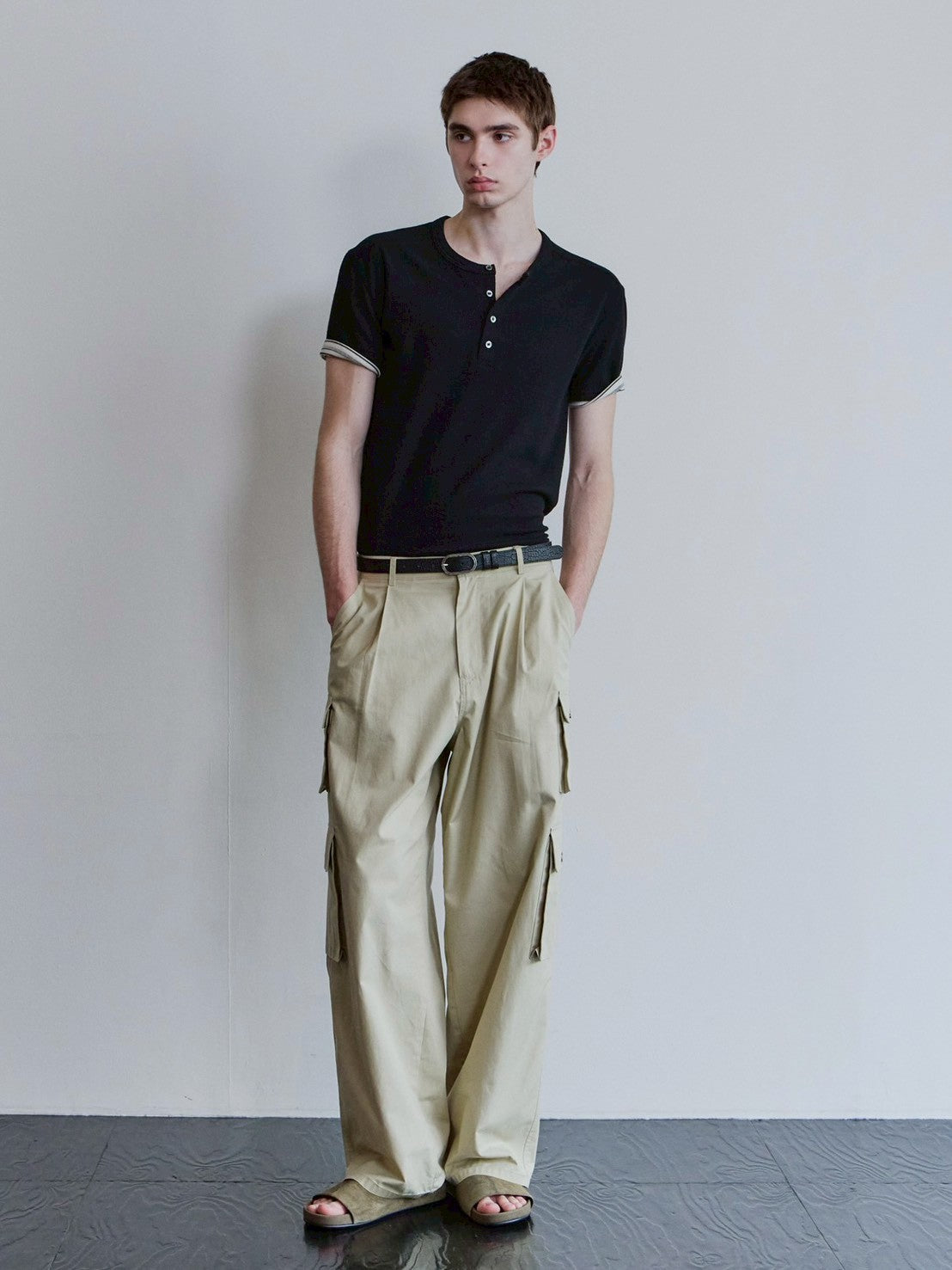 【Waviness】Ribbed Layered Henley-neck T-shirts