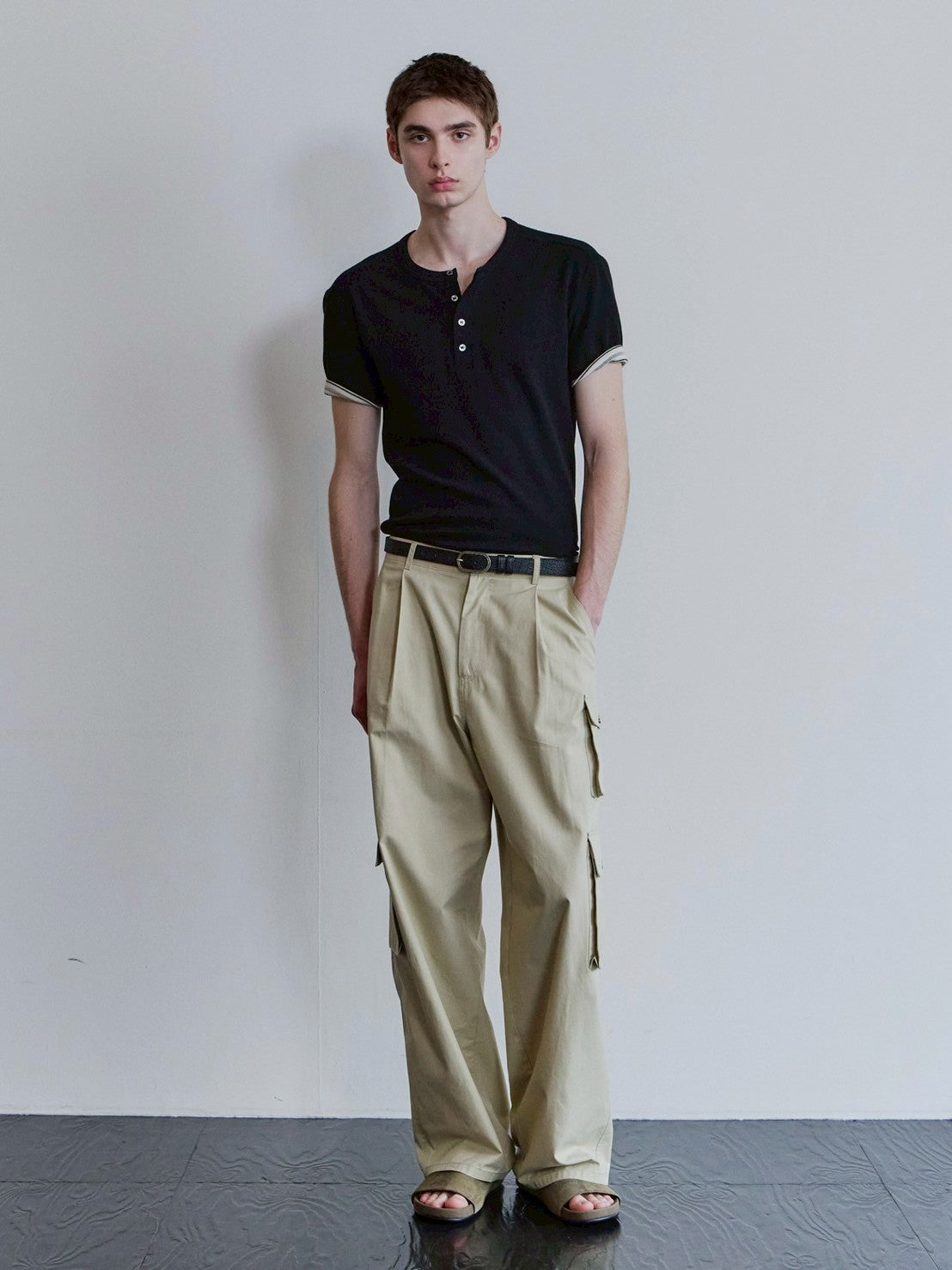 【Waviness】Ribbed Layered Henley-neck T-shirts