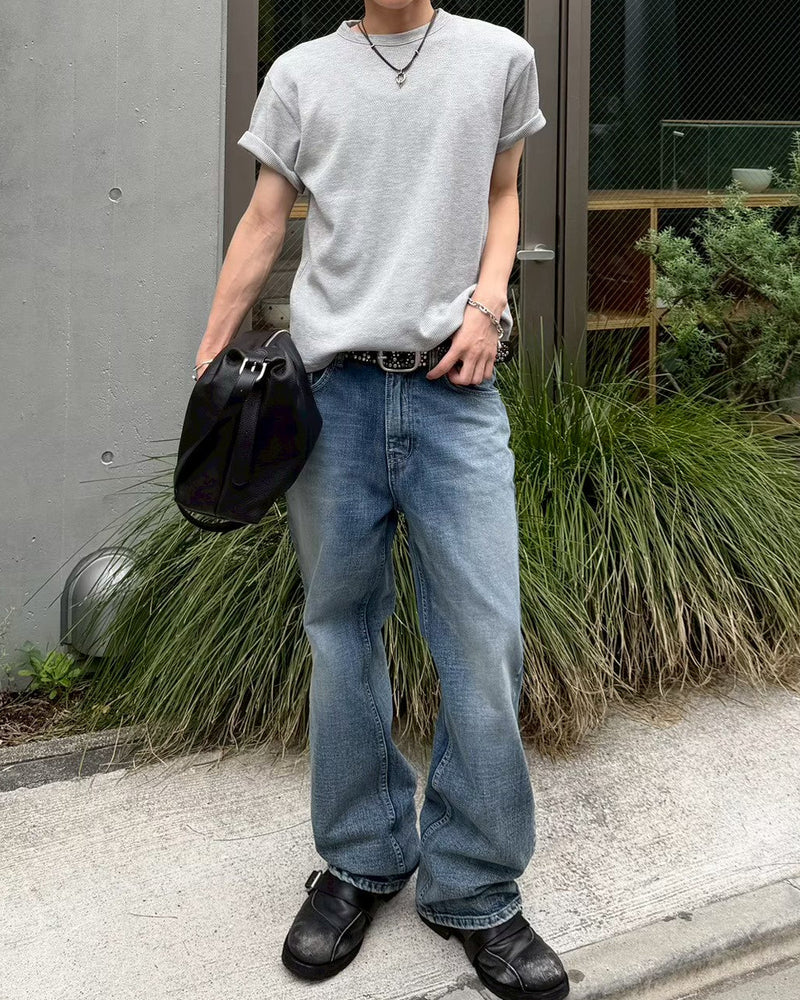 受注制【Chikashitsu +】waffle cropped half sleeve tee (4color)