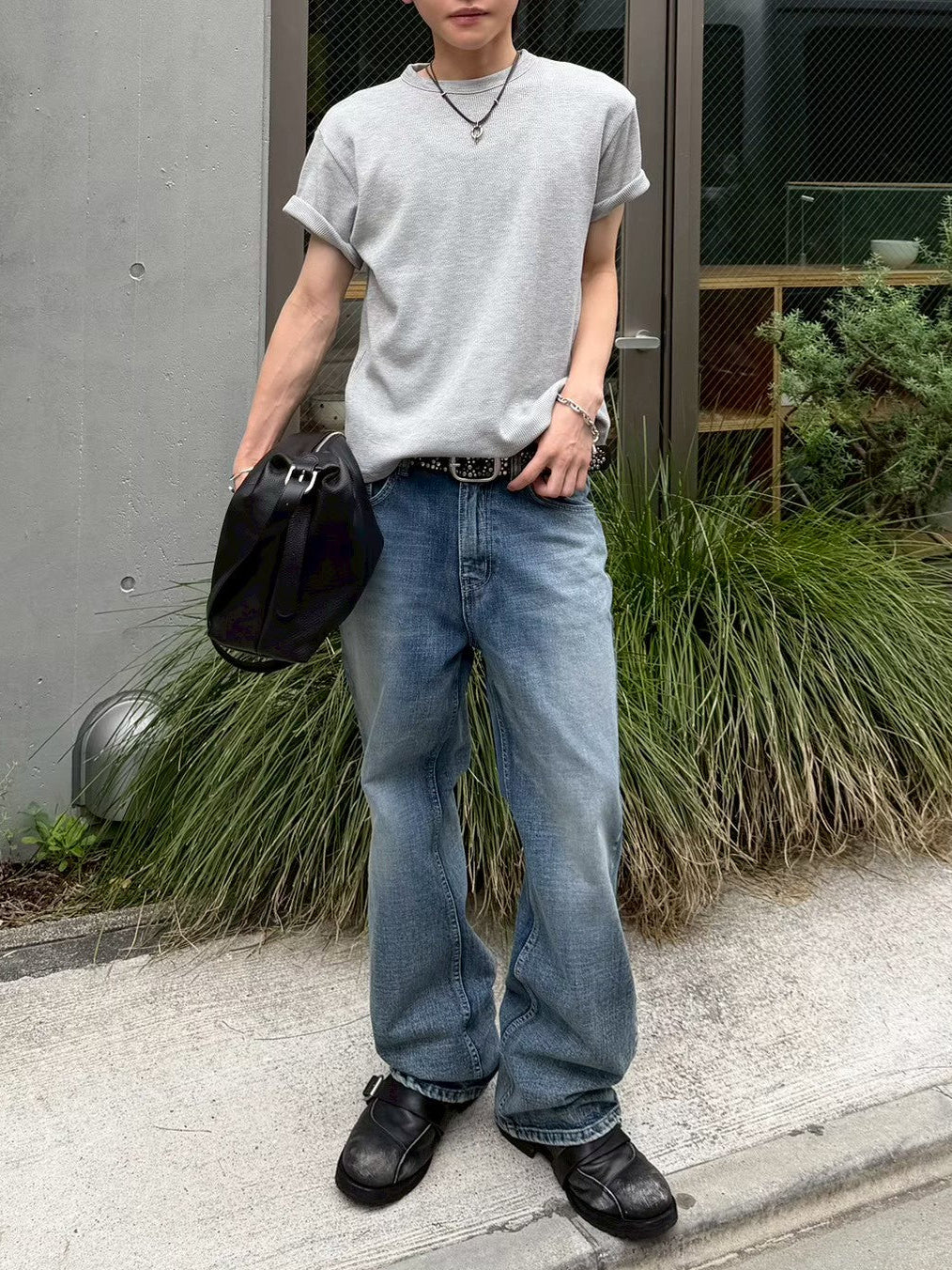 受注制【Chikashitsu +】waffle cropped half sleeve tee (4color)