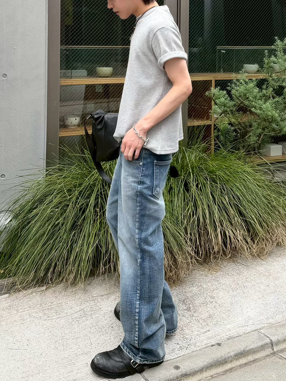 受注制【Chikashitsu +】waffle cropped half sleeve tee (4color)